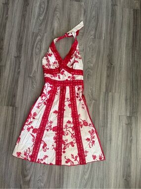 Zinc Y2K Made in USA Red Floral Lace Halter Midi Dress Size 3